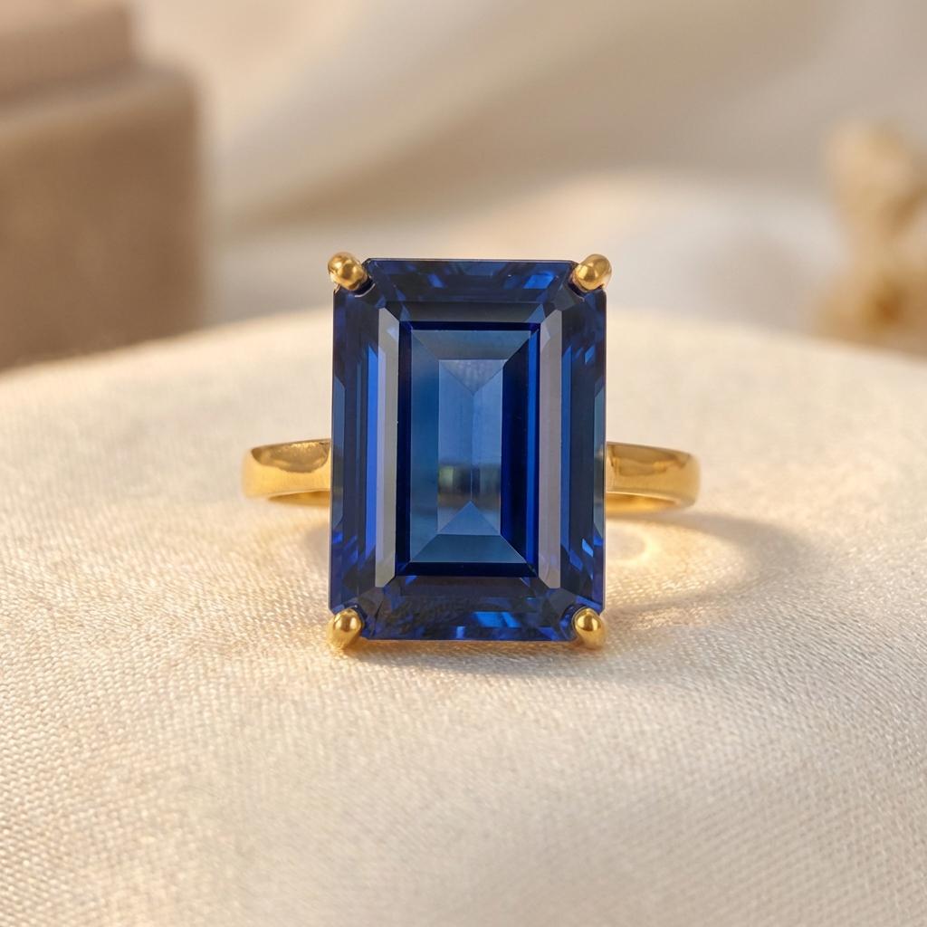 Large Blue Sapphire Ring, Emerald Cut 12 x 16 Sapphire Ring, 14K Gold Statement Ring, September Birthstone, Gift For Mother