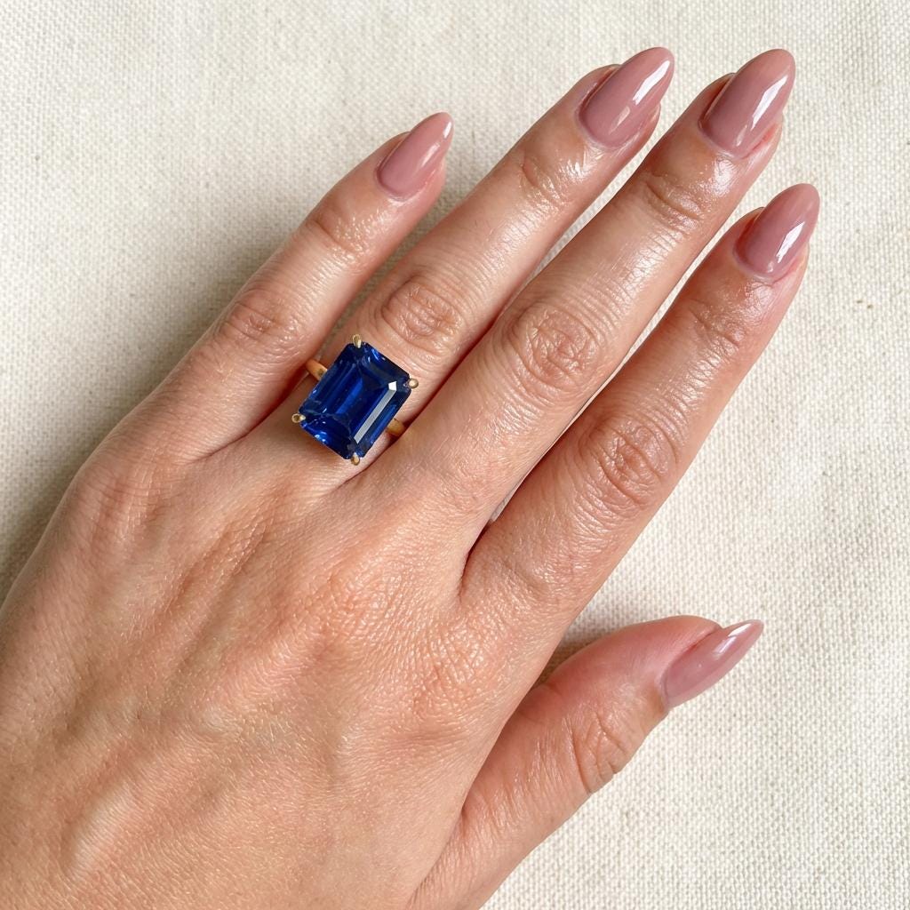 Large Blue Sapphire Ring, Emerald Cut 12 x 16 Sapphire Ring, 14K Gold Statement Ring, September Birthstone, Gift For Mother