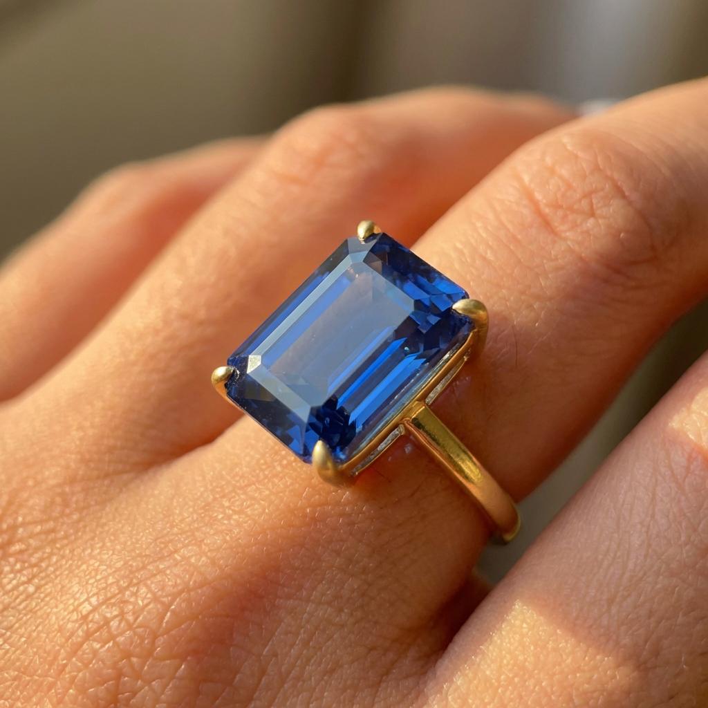 Large Blue Sapphire Ring, Emerald Cut 12 x 16 Sapphire Ring, 14K Gold Statement Ring, September Birthstone, Gift For Mother