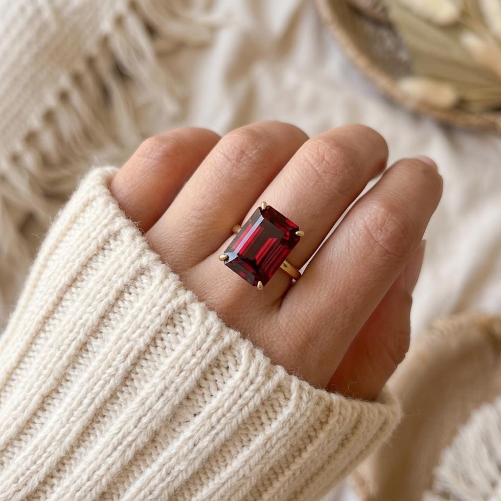 Large Garnet Ring, Emerald Cut 12 x 16 Garnet Ring, 14K Gold Statement Ring, January Birthstone, Gift For Mother
