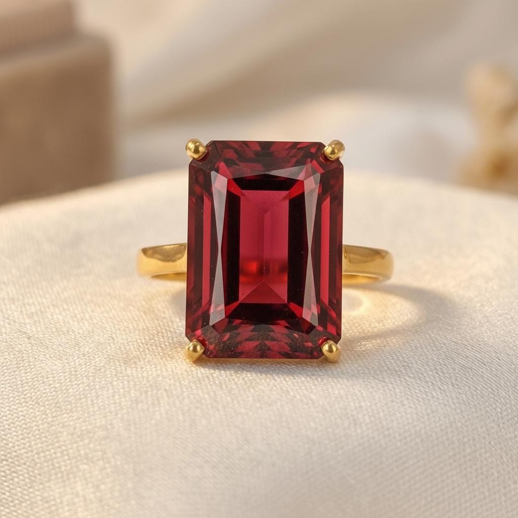 Large Garnet Ring, Emerald Cut 12 x 16 Garnet Ring, 14K Gold Statement Ring, January Birthstone, Gift For Mother