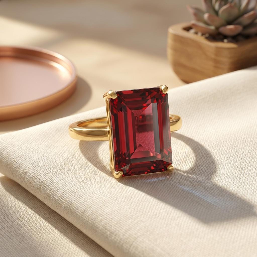 Large Garnet Ring, Emerald Cut 12 x 16 Garnet Ring, 14K Gold Statement Ring, January Birthstone, Gift For Mother