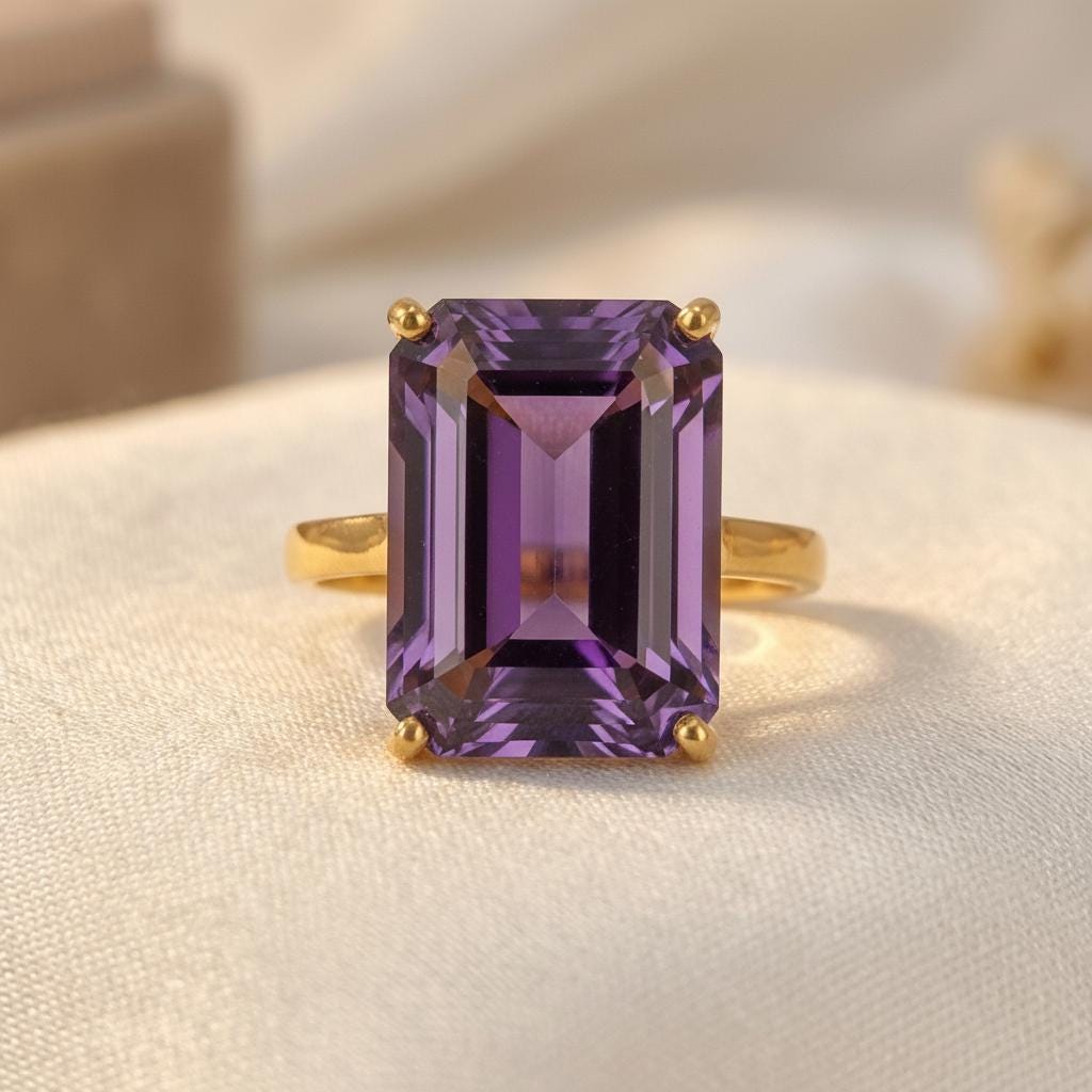 Large Amethyst Ring, Emerald Cut 12 x 16 Amethyst Ring, 14K Gold Statement Ring, February Birthstone, Gift For Mother