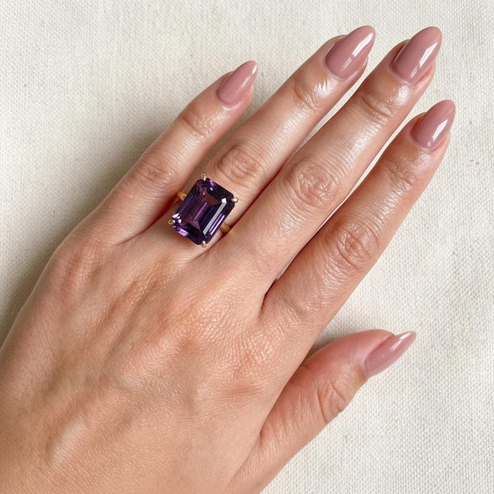 Large Amethyst Ring, Emerald Cut 12 x 16 Amethyst Ring, 14K Gold Statement Ring, February Birthstone, Gift For Mother