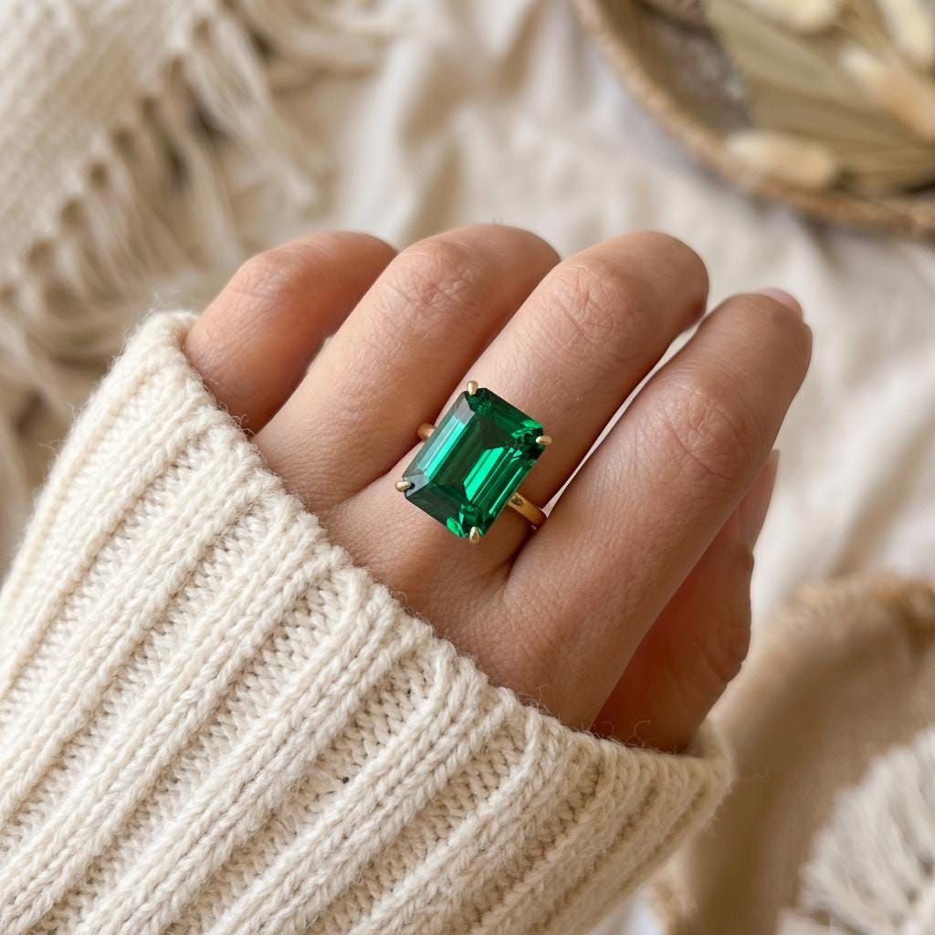 Large Emerald Ring, Emerald Cut 12 x 16 Emerald Ring, 14K Gold Statement Ring, May Birthstone, Gift For Mother