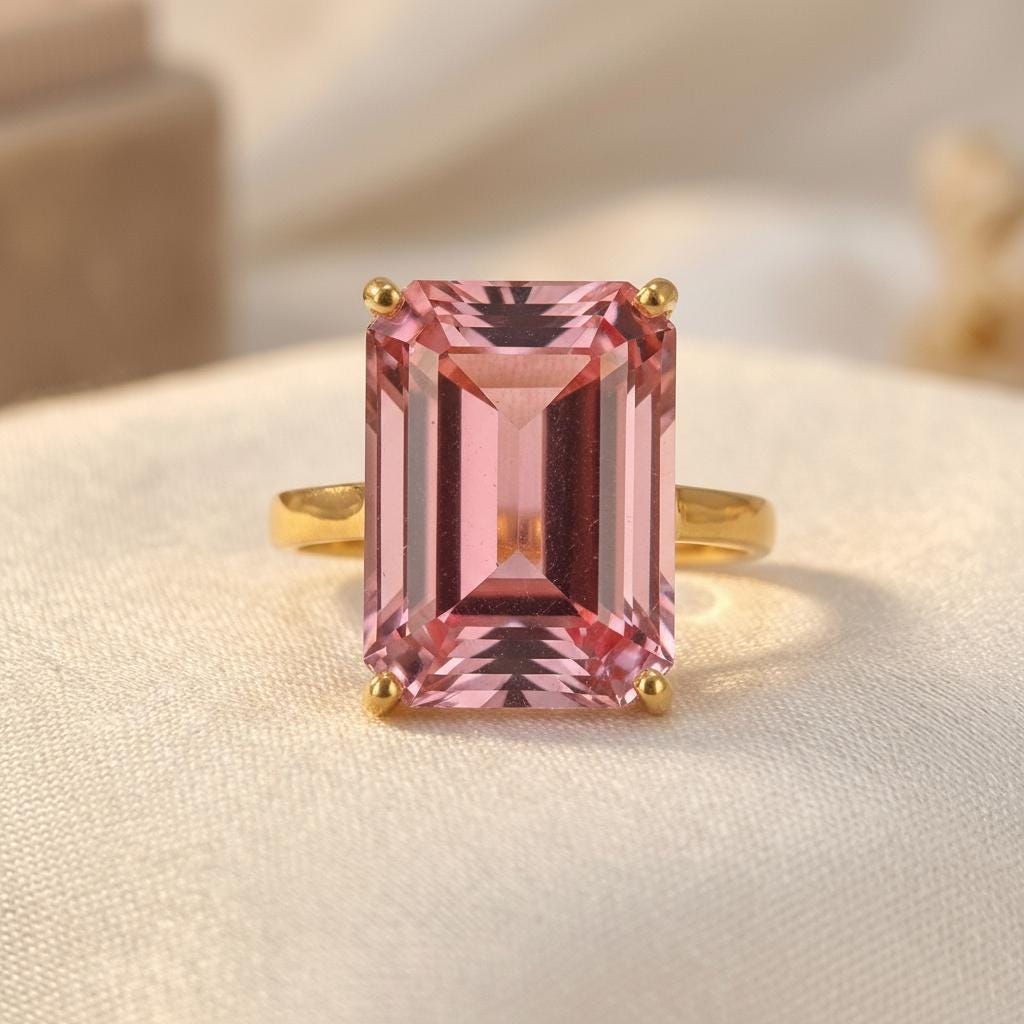 Large Pink Tourmaline Ring, Emerald Cut 12 x 16 Tourmaline Ring, 14K Gold Statement Ring, October Birthstone, Gift For Mother