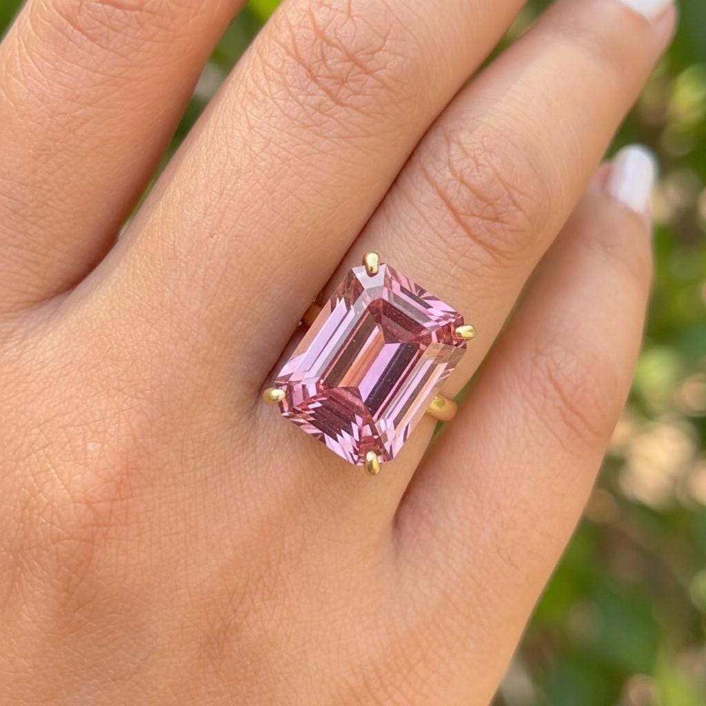 Large Pink Tourmaline Ring, Emerald Cut 12 x 16 Tourmaline Ring, 14K Gold Statement Ring, October Birthstone, Gift For Mother