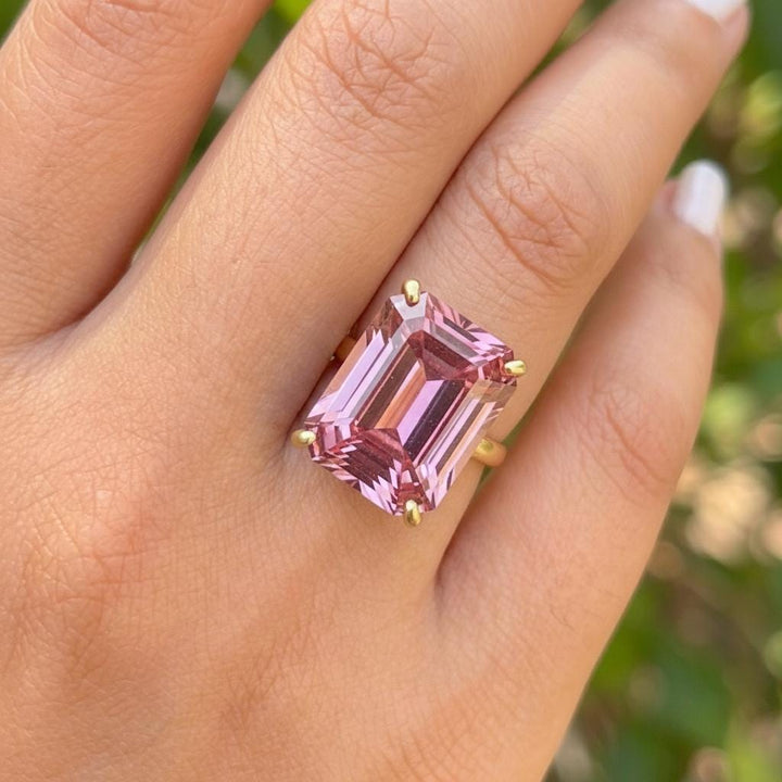 Large Pink Tourmaline Ring, Emerald Cut 12 x 16 Tourmaline Ring, 14K Gold Statement Ring, October Birthstone, Gift For Mother