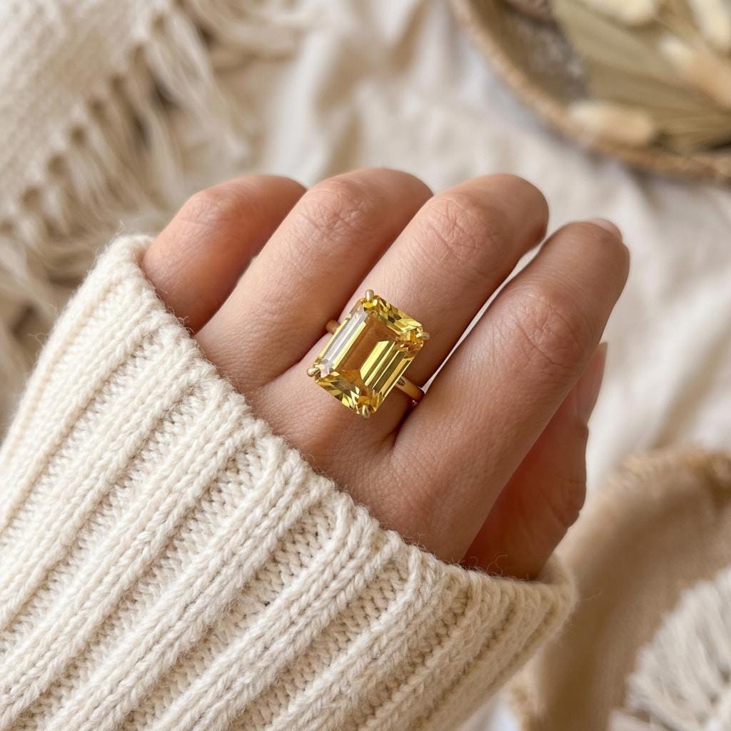 Large Citrine Ring, Emerald Cut 12 x 16 Citrine Ring, 14K Gold Statement Ring, November Birthstone, Gift For Mother