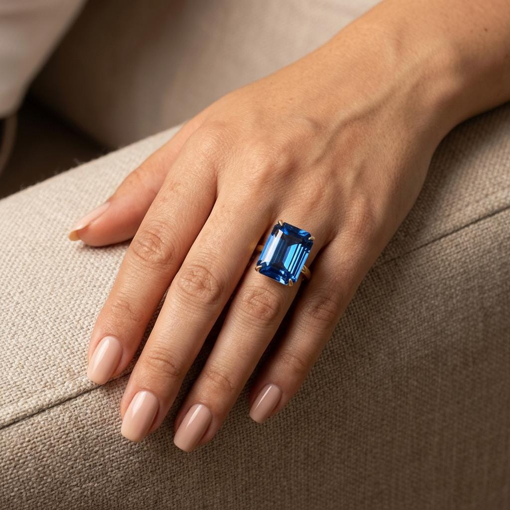 Large Emerald Cut Blue Zircon Ring, 12x16mm Statement Ring, December Birthstone Ring, 14K Gold Gift for Mom