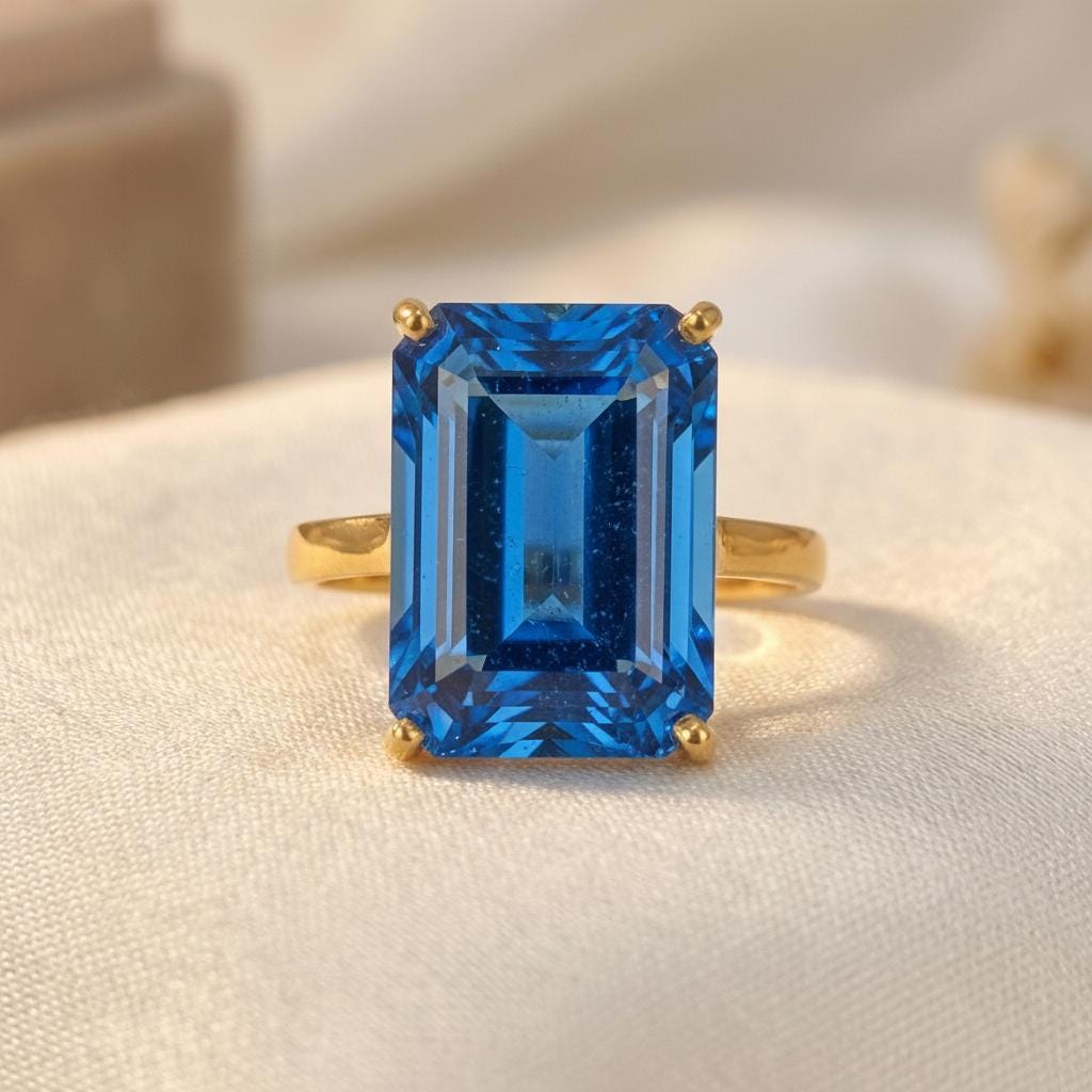 Large Emerald Cut Blue Zircon Ring, 12x16mm Statement Ring, December Birthstone Ring, 14K Gold Gift for Mom