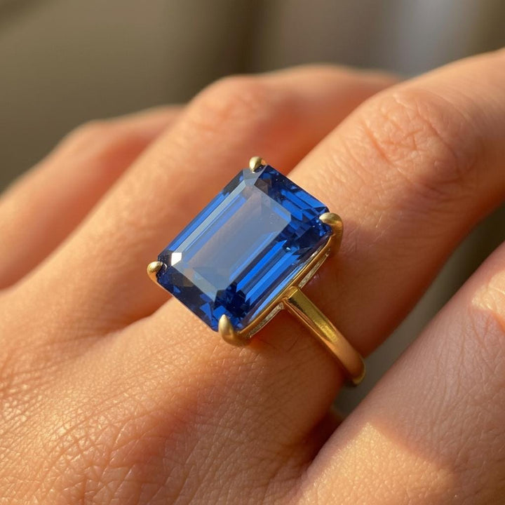 Large Emerald Cut Blue Zircon Ring, 12x16mm Statement Ring, December Birthstone Ring, 14K Gold Gift for Mom