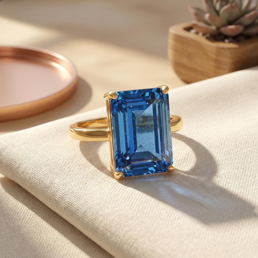 Large Emerald Cut Blue Zircon Ring, 12x16mm Statement Ring, December Birthstone Ring, 14K Gold Gift for Mom