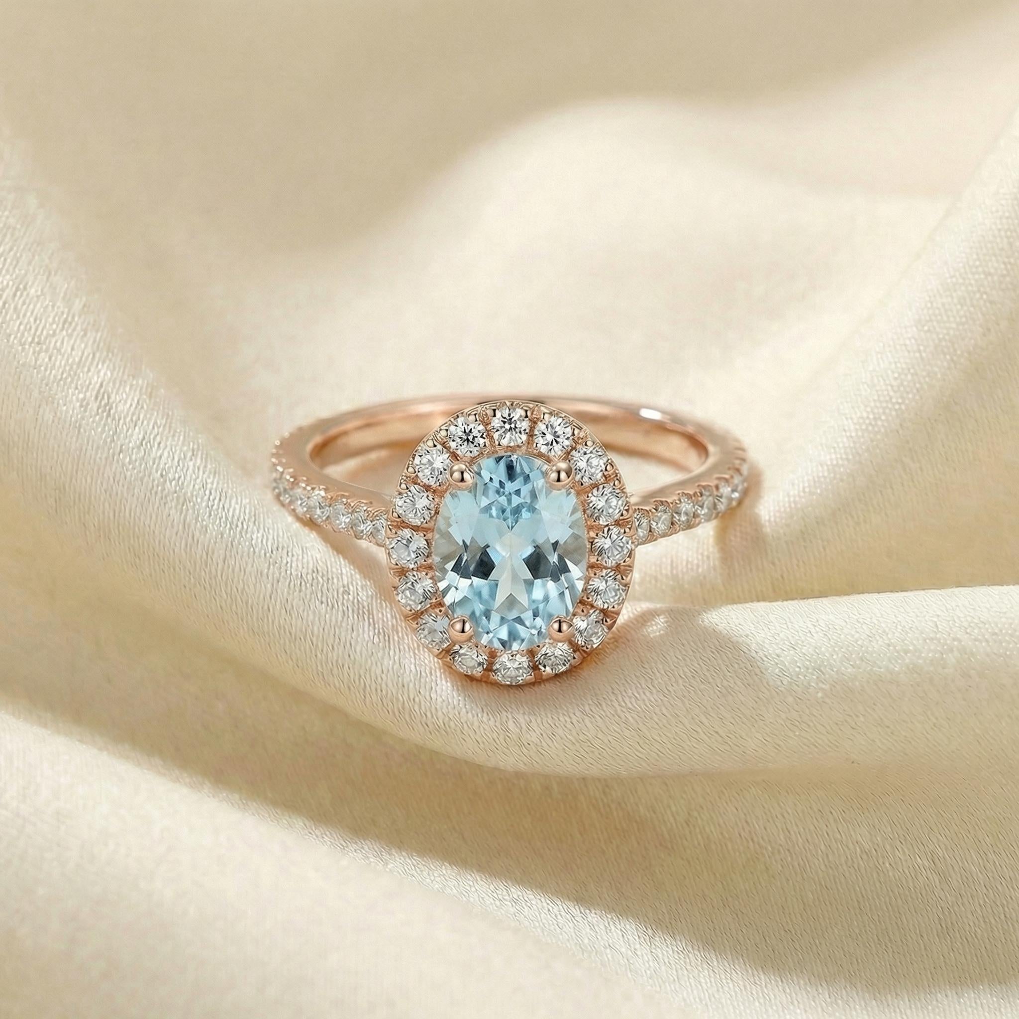 Aquamarine Engagement Ring Travel Proposal Jewelry Halo Light Blue Oval Gemstone Promise Ring March Birthstone Gift For Her
