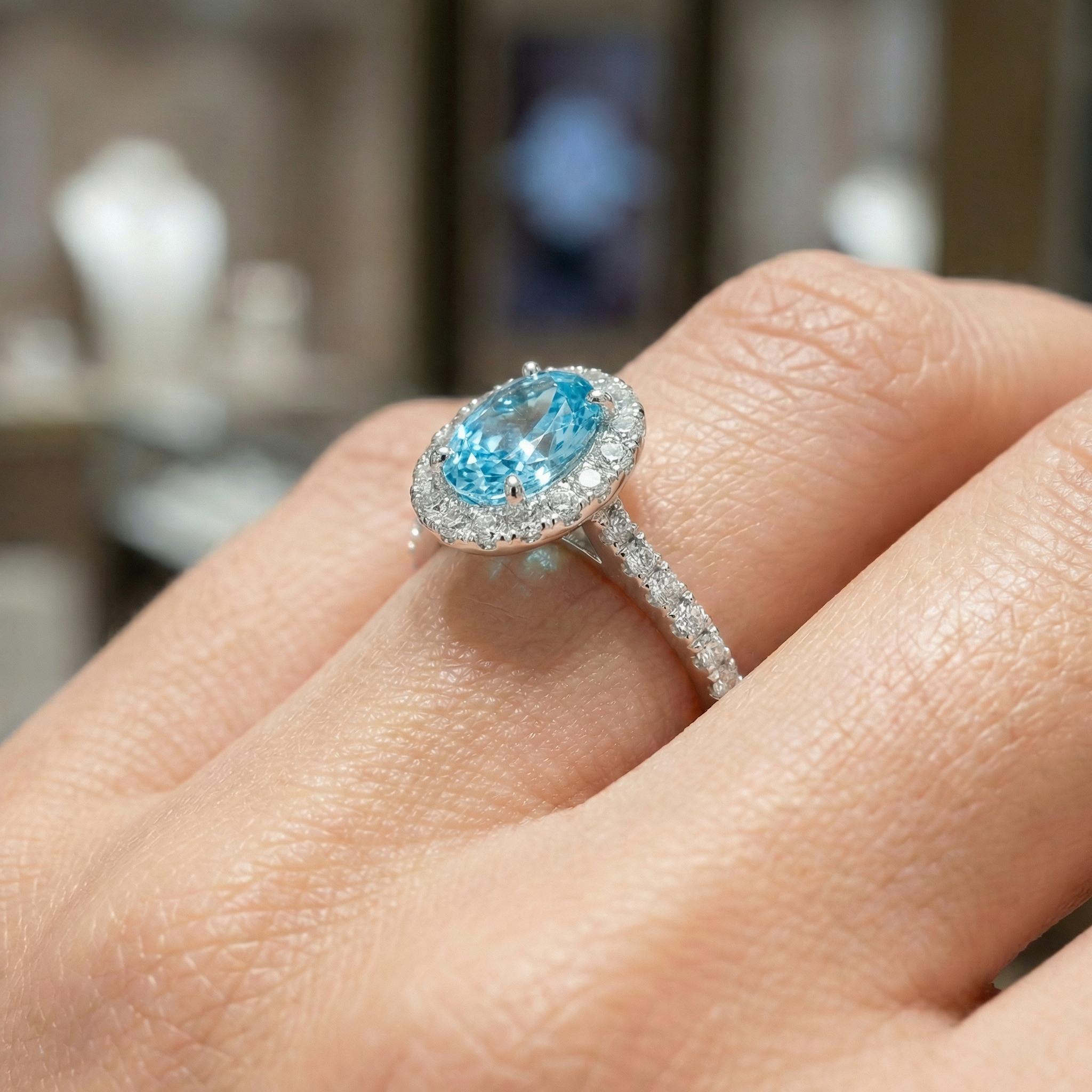 Aquamarine Engagement Ring Travel Proposal Jewelry Halo Light Blue Oval Gemstone Promise Ring March Birthstone Gift For Her