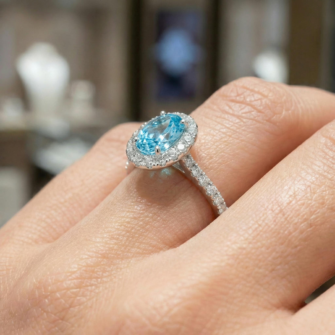 Aquamarine Engagement Ring Travel Proposal Jewelry Halo Light Blue Oval Gemstone Promise Ring March Birthstone Gift For Her