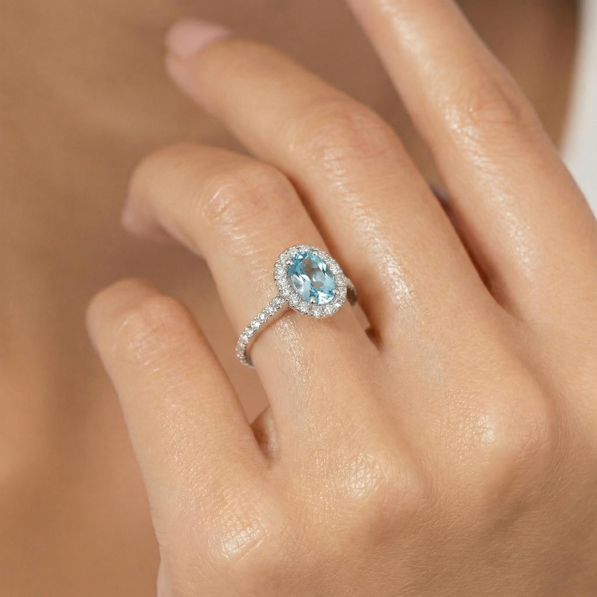 Aquamarine Engagement Ring Travel Proposal Jewelry Halo Light Blue Oval Gemstone Promise Ring March Birthstone Gift For Her