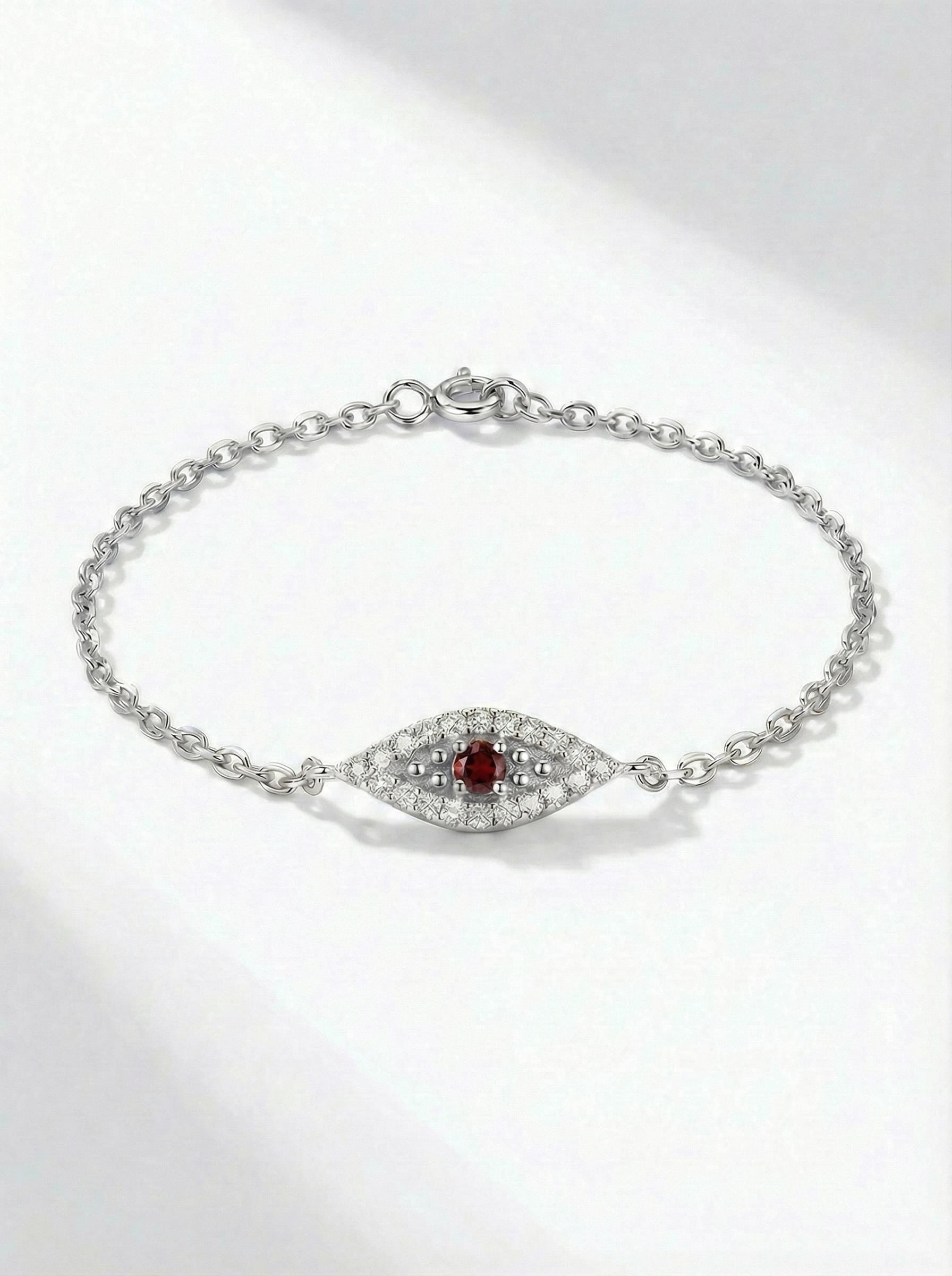 Garnet Evil Eye Bracelet, January Birthstone Protection Jewelry, 14K Gold Talisman Bracelet, Bridesmaid Gift for Her