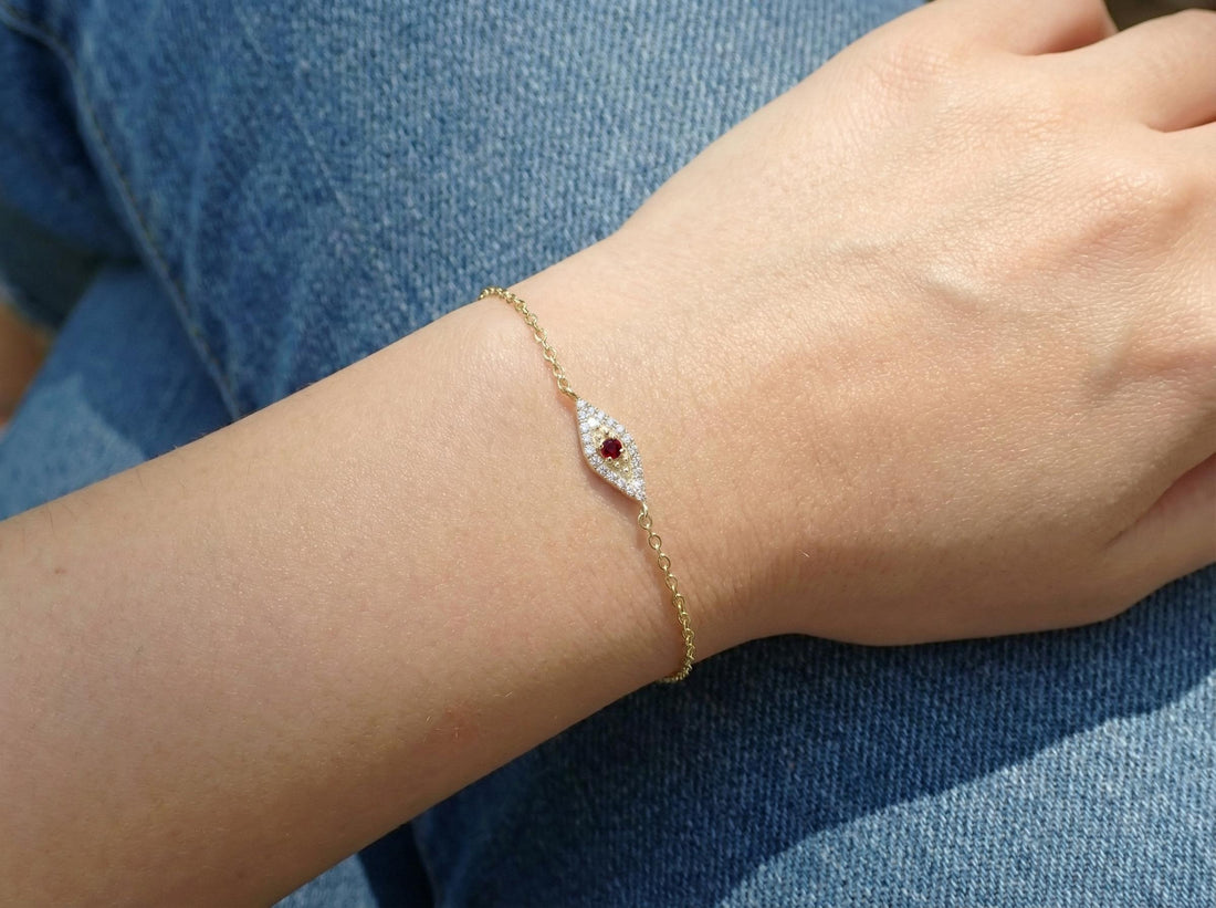 Garnet Evil Eye Bracelet, January Birthstone Protection Jewelry, 14K Gold Talisman Bracelet, Bridesmaid Gift for Her