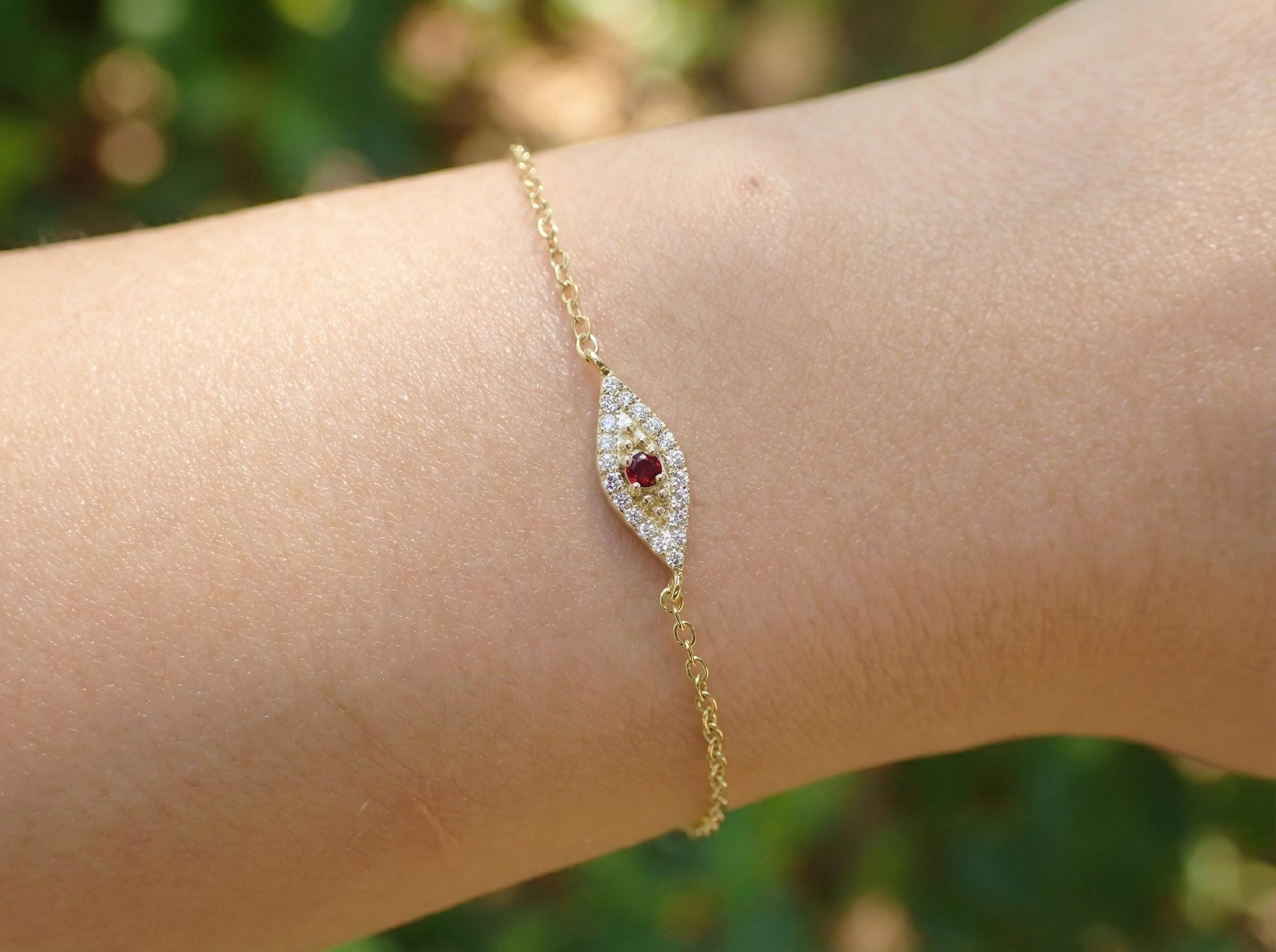 Garnet Evil Eye Bracelet, January Birthstone Protection Jewelry, 14K Gold Talisman Bracelet, Bridesmaid Gift for Her