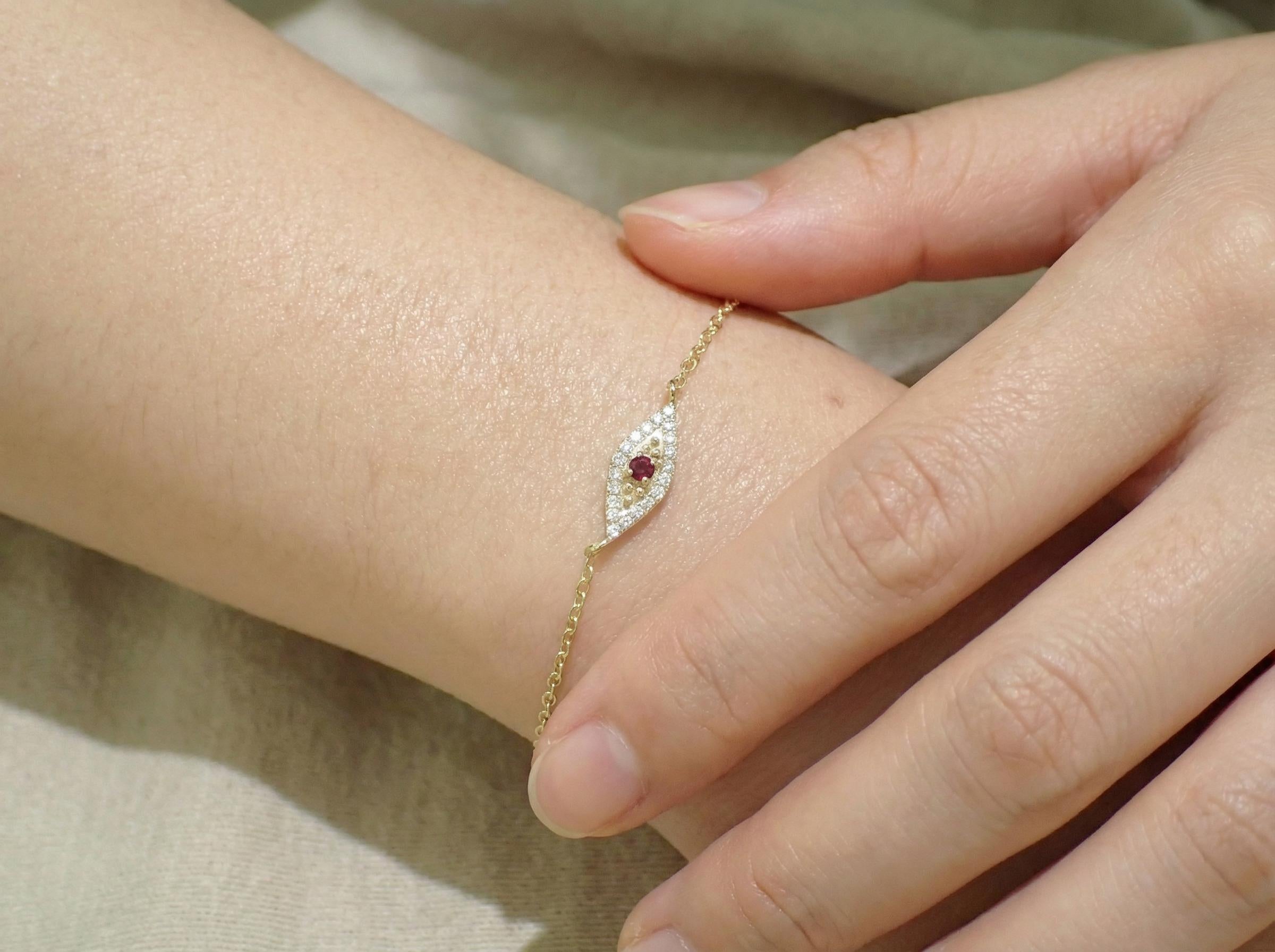 Garnet Evil Eye Bracelet, January Birthstone Protection Jewelry, 14K Gold Talisman Bracelet, Bridesmaid Gift for Her