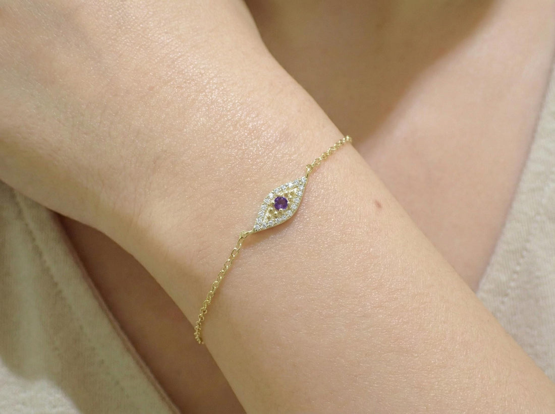 Amethyst Evil Eye Bracelet, February Birthstone Protection Jewelry, Gold Talisman Bracelet, Bridesmaid Gift for Her