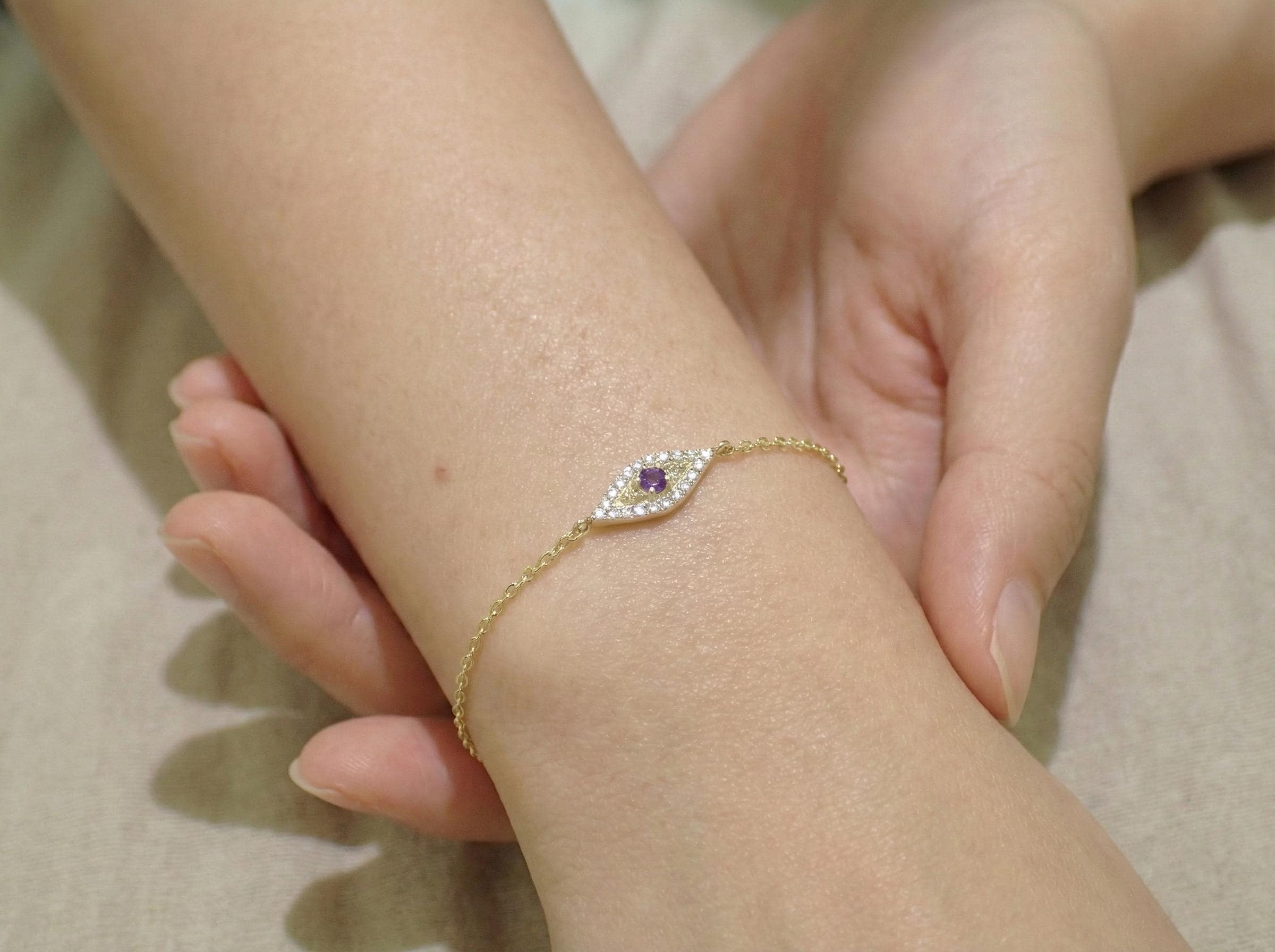 Amethyst Evil Eye Bracelet, February Birthstone Protection Jewelry, Gold Talisman Bracelet, Bridesmaid Gift for Her