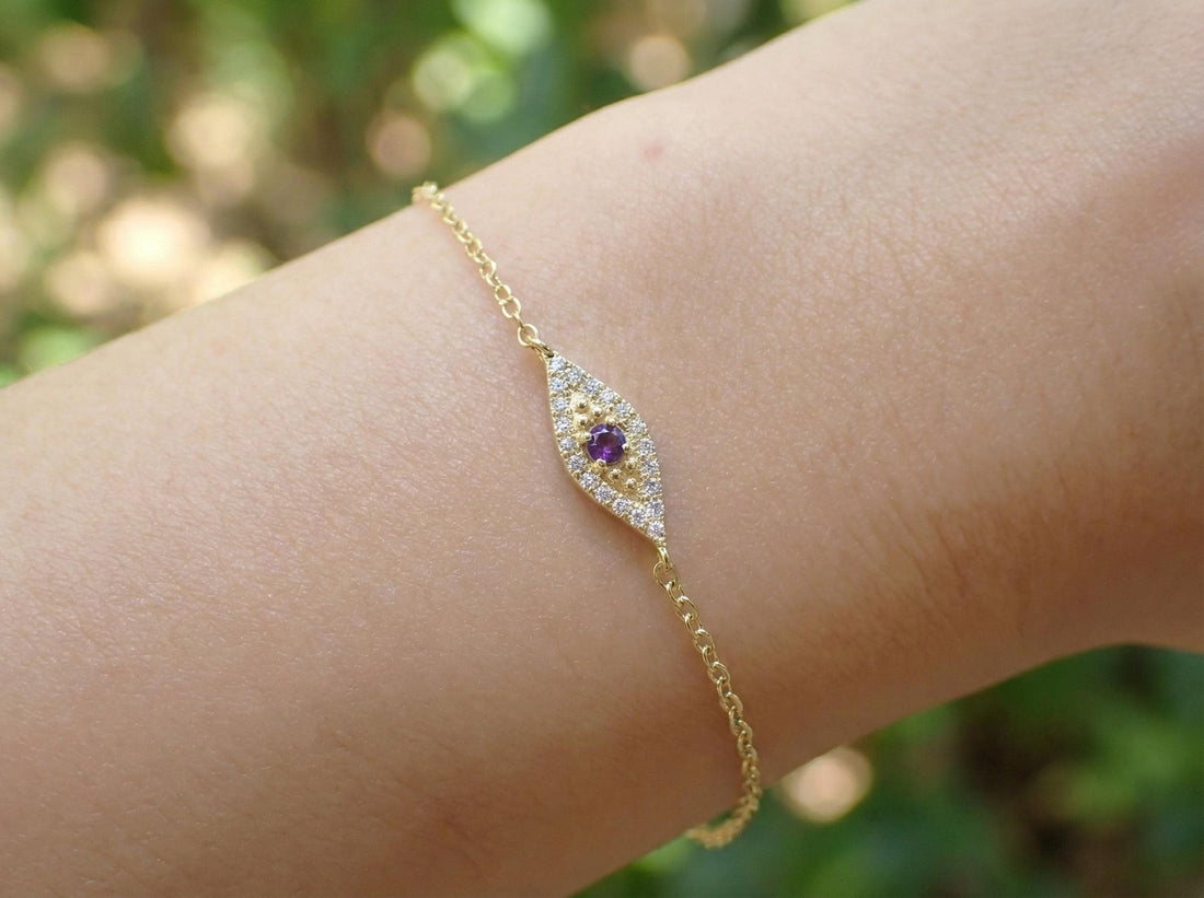Amethyst Evil Eye Bracelet, February Birthstone Protection Jewelry, Gold Talisman Bracelet, Bridesmaid Gift for Her