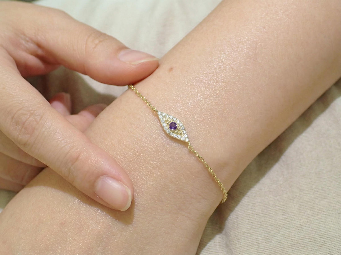 Amethyst Evil Eye Bracelet, February Birthstone Protection Jewelry, Gold Talisman Bracelet, Bridesmaid Gift for Her