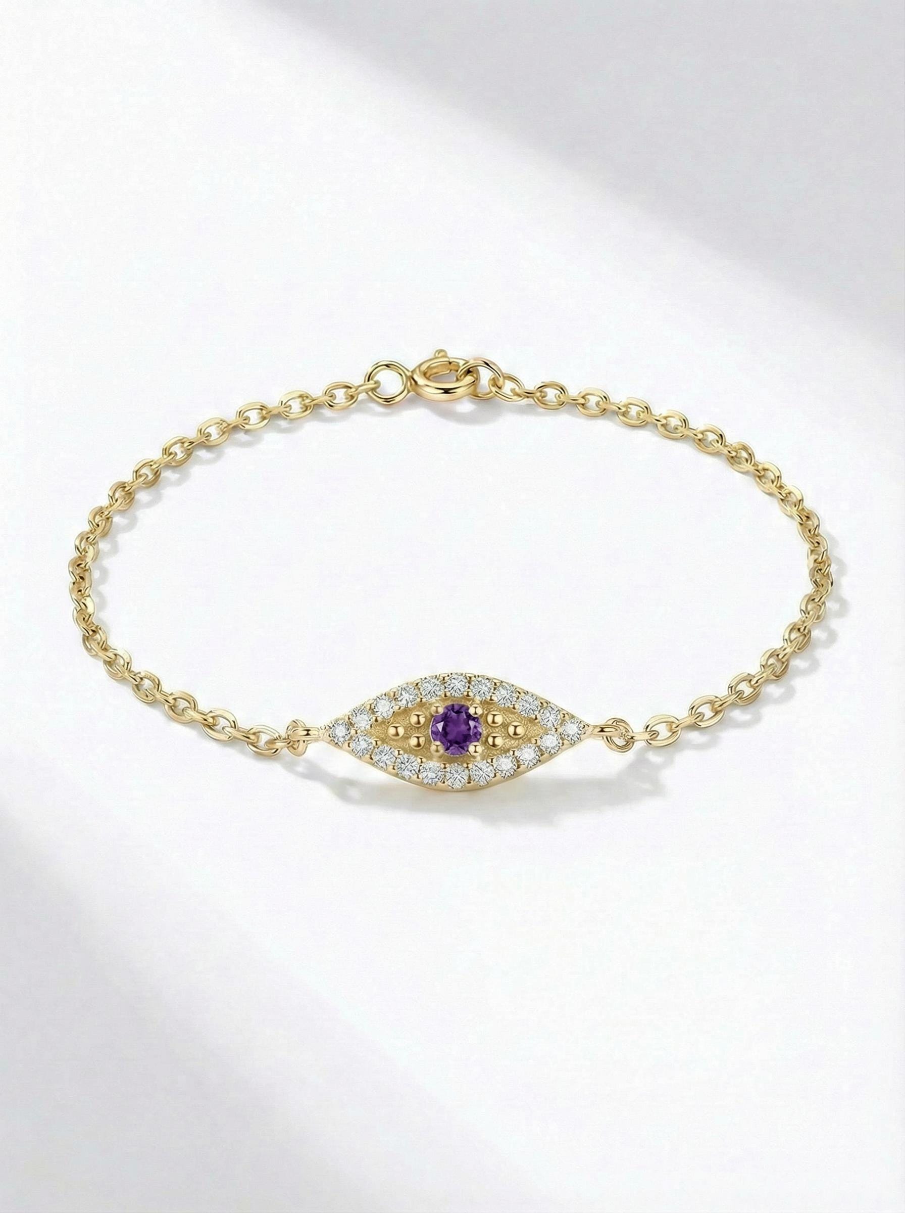 Amethyst Evil Eye Bracelet, February Birthstone Protection Jewelry, Gold Talisman Bracelet, Bridesmaid Gift for Her