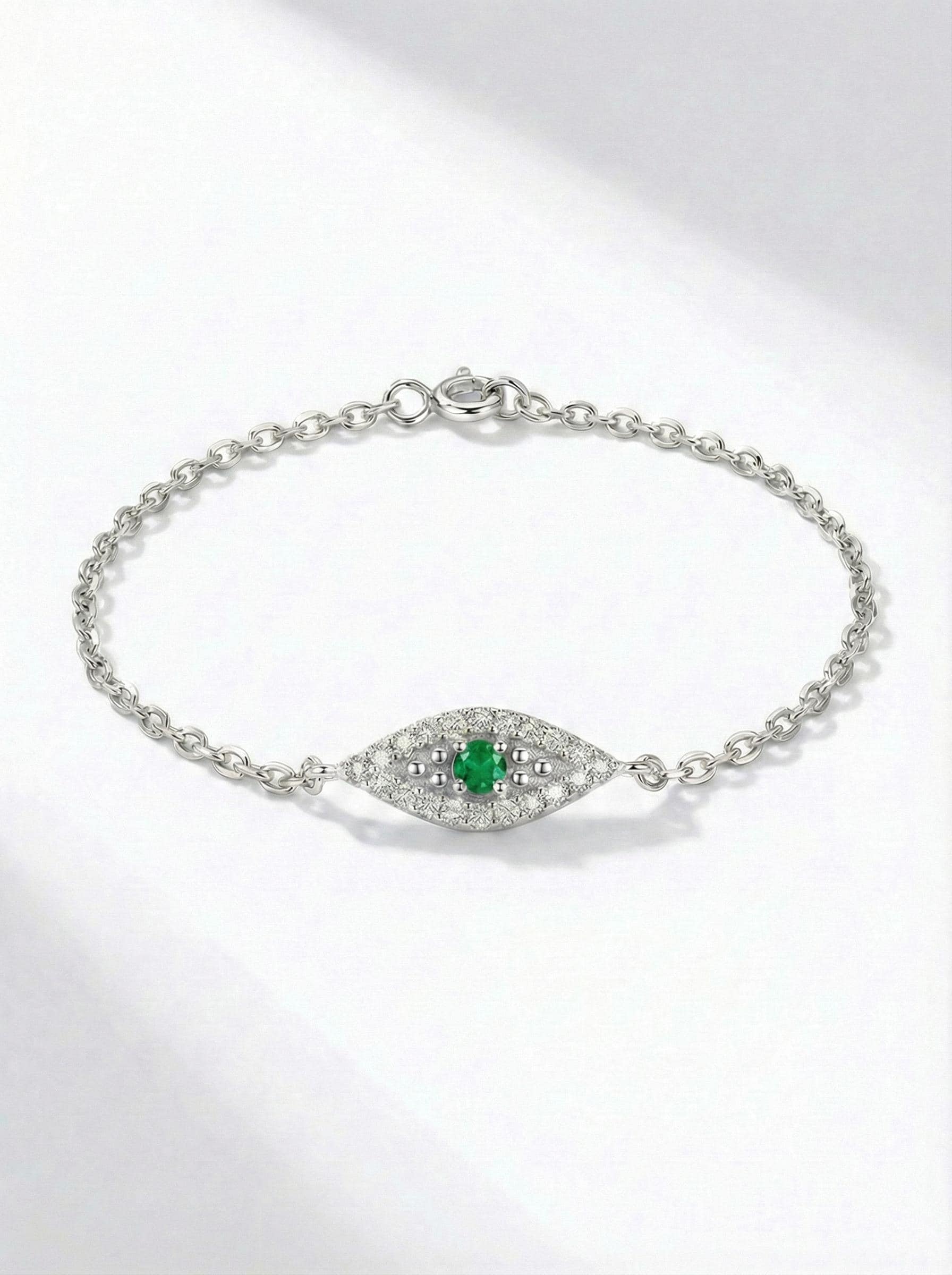 Emerald Evil Eye Solid Gold Bracelet, 14K Gold Micro Pave Diamond Bracelet, Protective Evil Eye, Gift For Her, May Birthstone