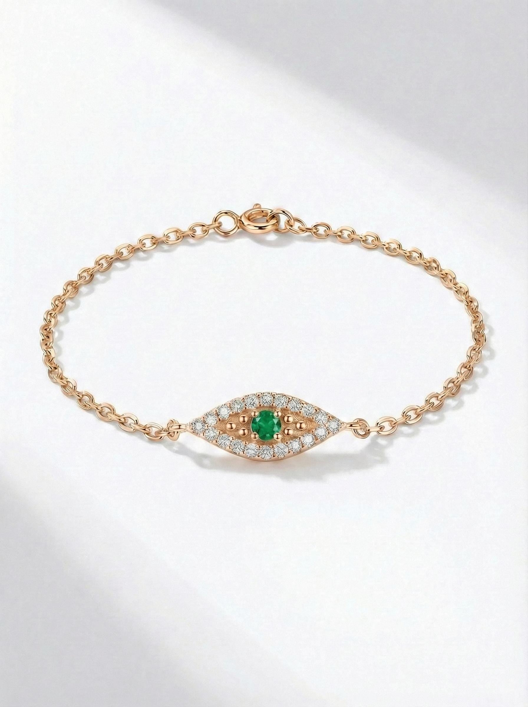Emerald Evil Eye Solid Gold Bracelet, 14K Gold Micro Pave Diamond Bracelet, Protective Evil Eye, Gift For Her, May Birthstone