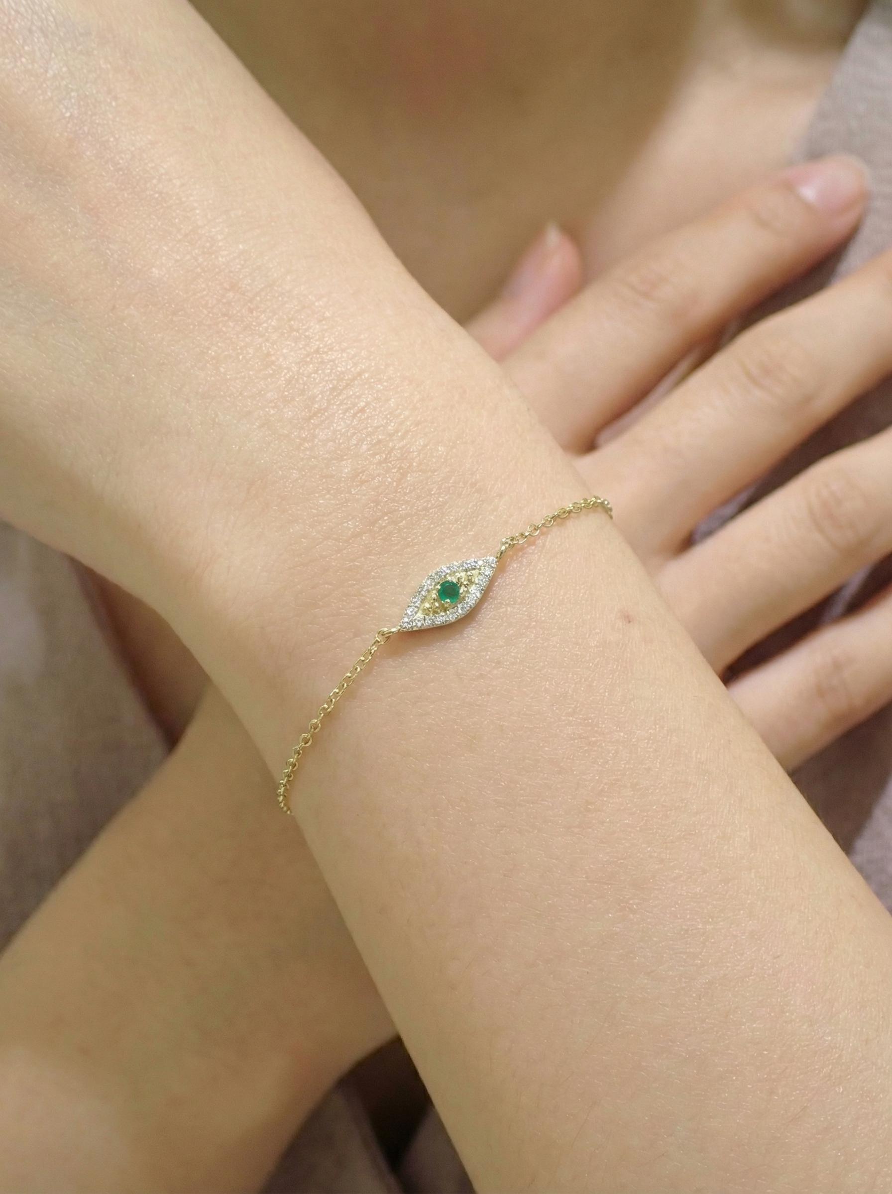 Emerald Evil Eye Solid Gold Bracelet, 14K Gold Micro Pave Diamond Bracelet, Protective Evil Eye, Gift For Her, May Birthstone