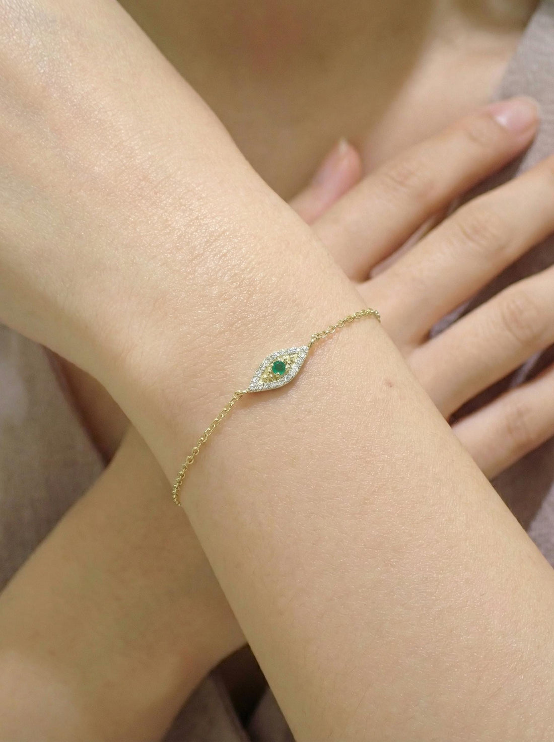 Emerald Evil Eye Solid Gold Bracelet, 14K Gold Micro Pave Diamond Bracelet, Protective Evil Eye, Gift For Her, May Birthstone