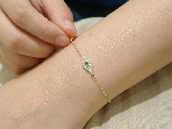 Emerald Evil Eye Solid Gold Bracelet, 14K Gold Micro Pave Diamond Bracelet, Protective Evil Eye, Gift For Her, May Birthstone