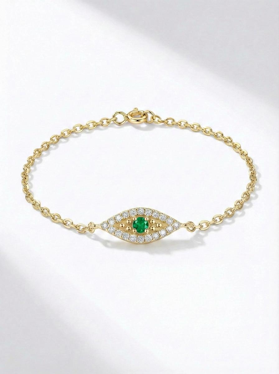Emerald Evil Eye Solid Gold Bracelet, 14K Gold Micro Pave Diamond Bracelet, Protective Evil Eye, Gift For Her, May Birthstone