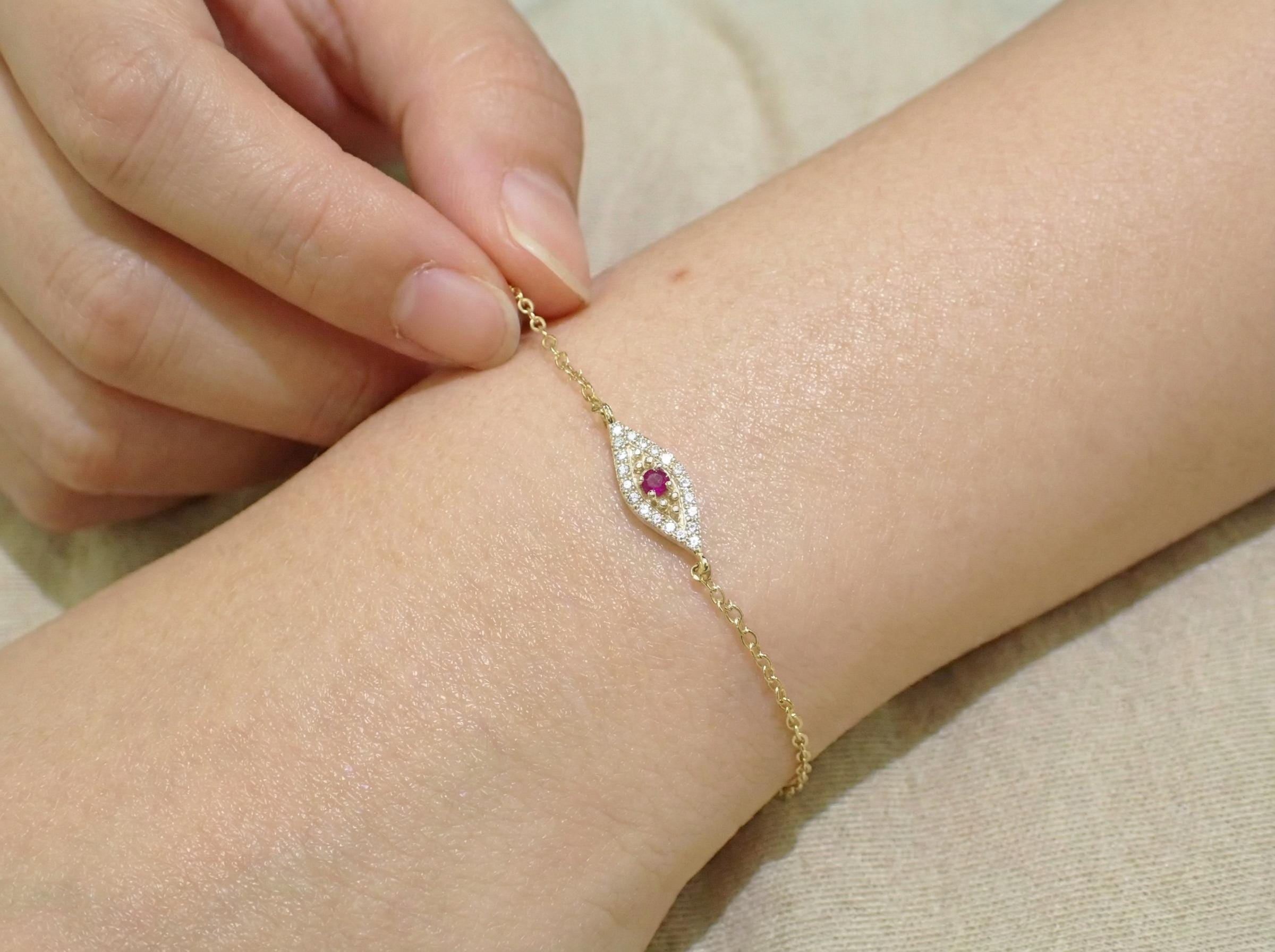 Ruby Evil Eye Bracelet, 14K Gold Micro Pave Diamond Bracelet, Self Purchase, Modern Woman Jewelry, July Birthstone