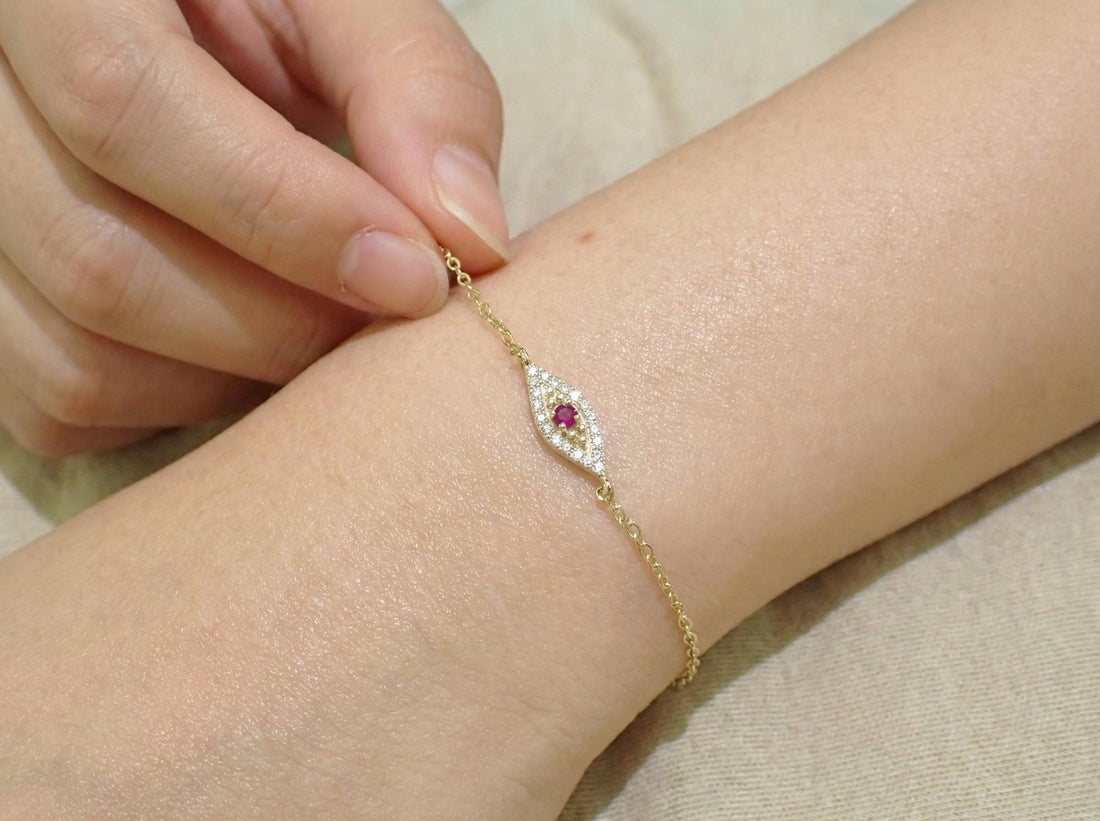 Ruby Evil Eye Bracelet, 14K Gold Micro Pave Diamond Bracelet, Self Purchase, Modern Woman Jewelry, July Birthstone