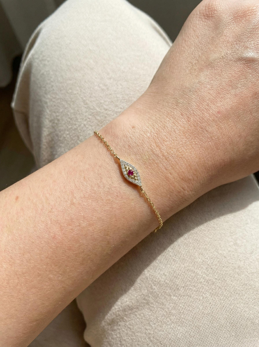 Ruby Evil Eye Bracelet, 14K Gold Micro Pave Diamond Bracelet, Self Purchase, Modern Woman Jewelry, July Birthstone