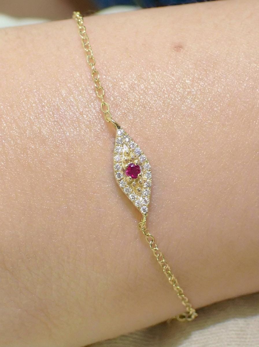 Ruby Evil Eye Bracelet, 14K Gold Micro Pave Diamond Bracelet, Self Purchase, Modern Woman Jewelry, July Birthstone