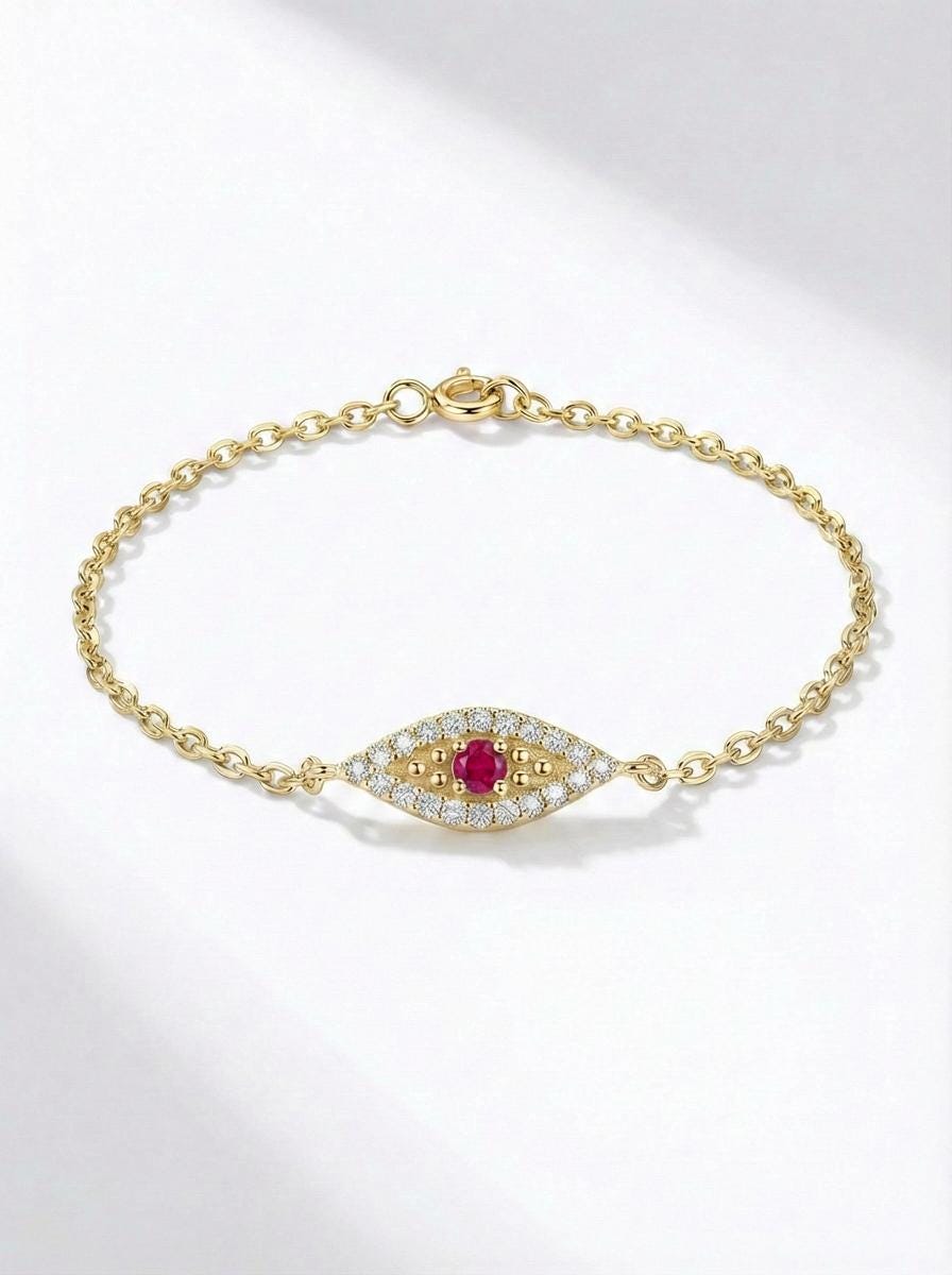Ruby Evil Eye Bracelet, 14K Gold Micro Pave Diamond Bracelet, Self Purchase, Modern Woman Jewelry, July Birthstone