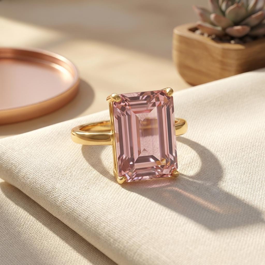 Morganite Ring, 14K Gold Statement Ring, Large Morganite Ring, Emerald Cut 12 x 16, Statement Ring