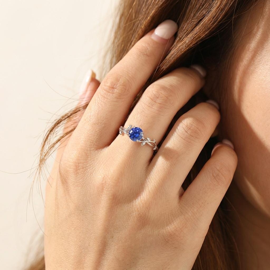 0.8ct Blue Sapphire Ring, September Birthstone Ring, Vintage Nature Inspired Vine Ring, Dainty Stackable Gift for Her