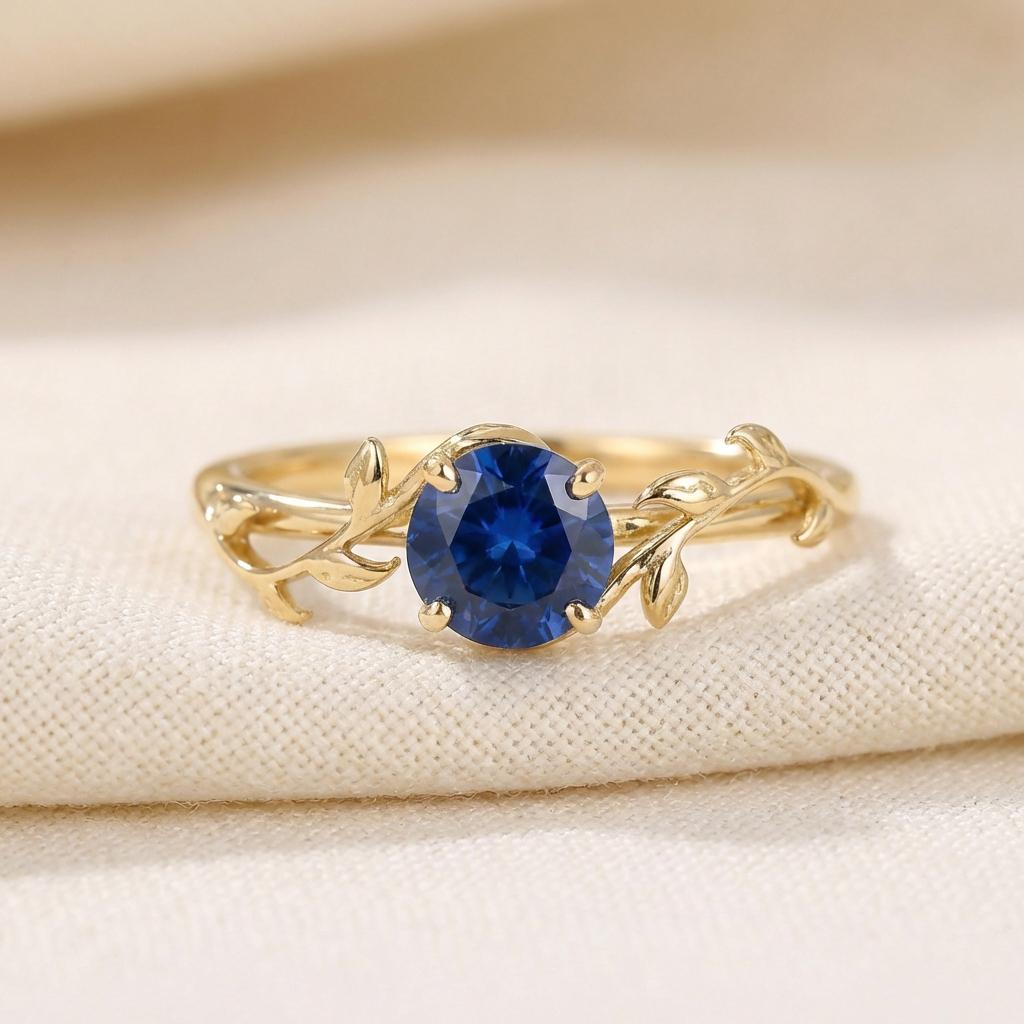 0.8ct Blue Sapphire Ring, September Birthstone Ring, Vintage Nature Inspired Vine Ring, Dainty Stackable Gift for Her