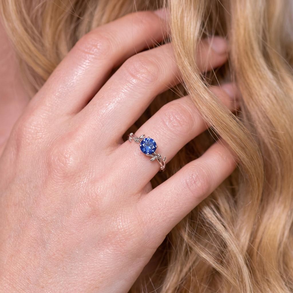0.8ct Blue Sapphire Ring, September Birthstone Ring, Vintage Nature Inspired Vine Ring, Dainty Stackable Gift for Her
