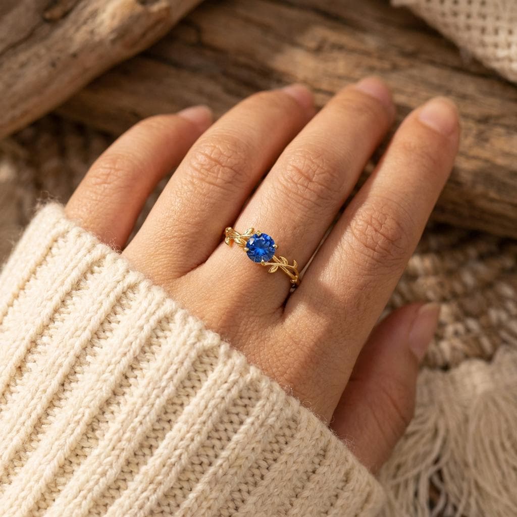 0.8ct Blue Sapphire Ring, September Birthstone Ring, Vintage Nature Inspired Vine Ring, Dainty Stackable Gift for Her