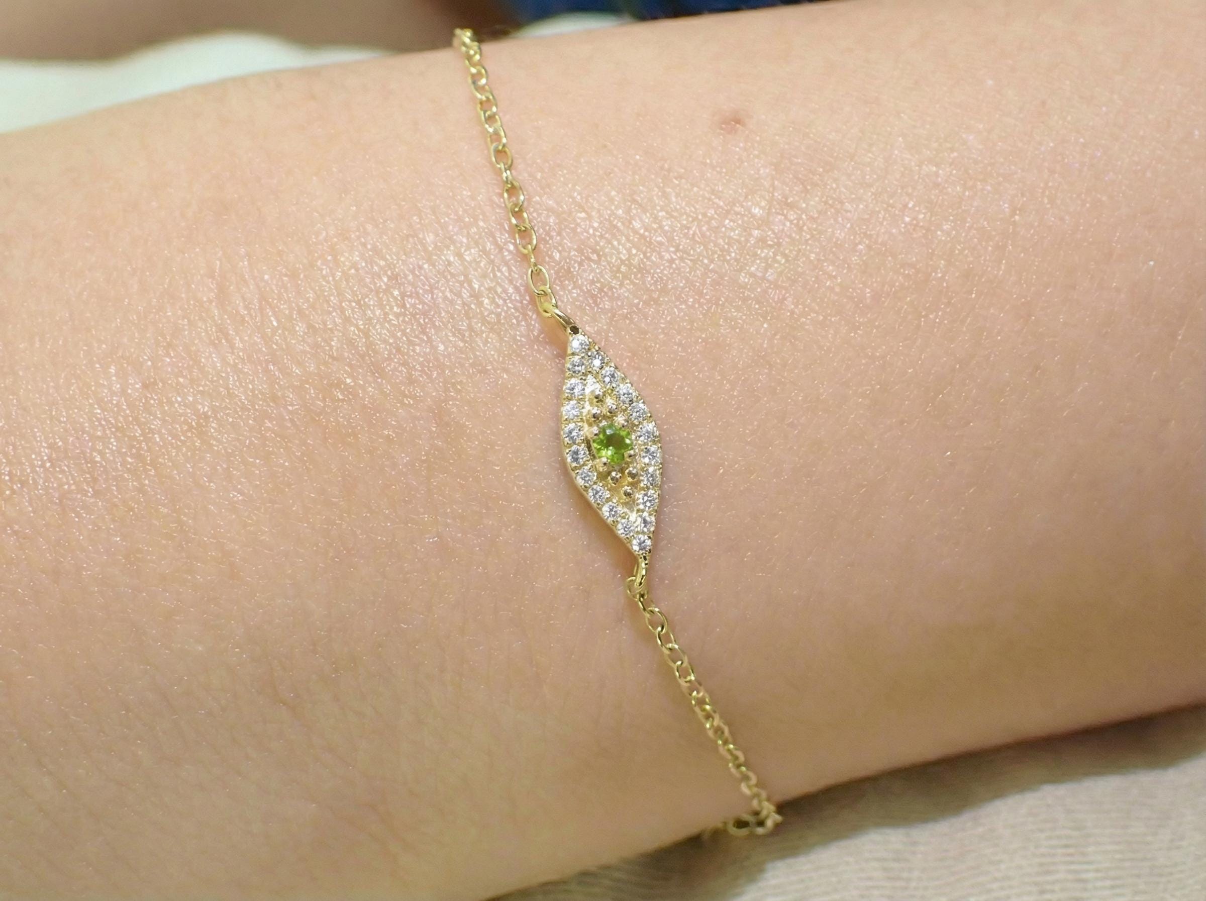 Peridot Evil Eye Bracelet, August Birthstone Protection Jewelry, Gold Talisman Bracelet, Bridesmaid Gift for Her