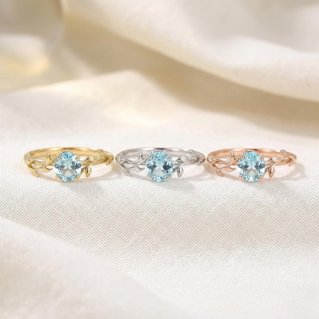 0.8ct Aquamarine Ring, Vintage Round Aquamarine Ring, Custom Stacking Ring, March Birthstone Ring, Vine Nature Ring