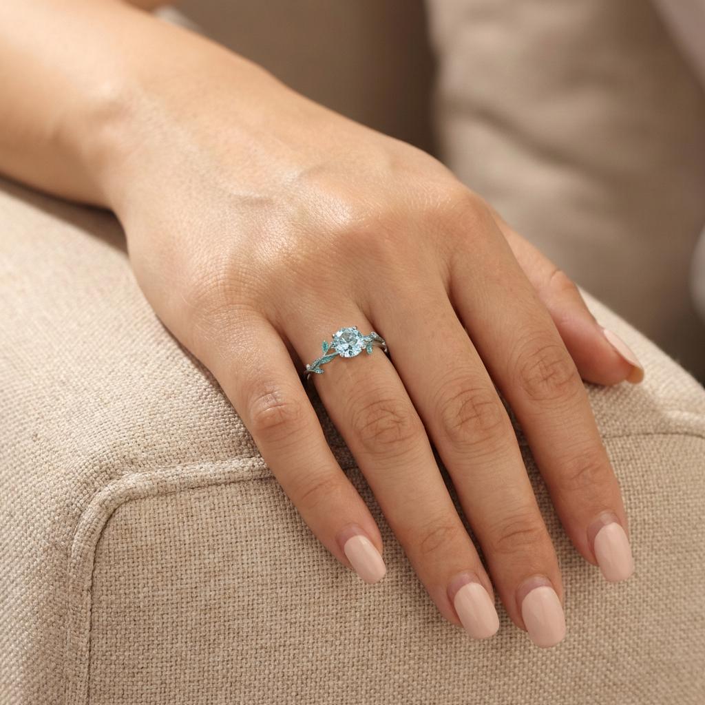 0.8ct Aquamarine Ring, Vintage Round Aquamarine Ring, Custom Stacking Ring, March Birthstone Ring, Vine Nature Ring