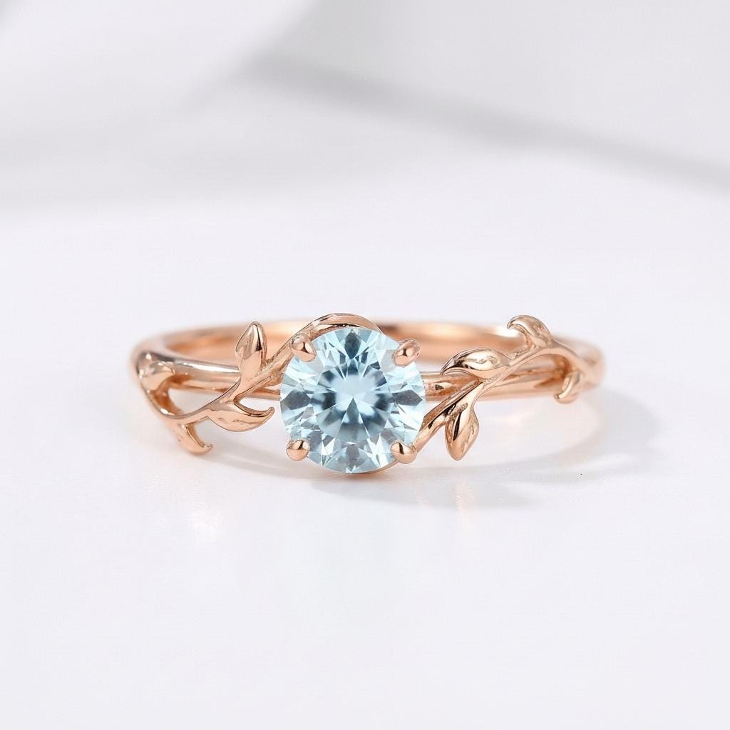 0.8ct Aquamarine Ring, Vintage Round Aquamarine Ring, Custom Stacking Ring, March Birthstone Ring, Vine Nature Ring